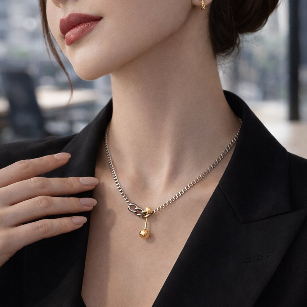 Mixed Metal 18K Gold Plated Stainless Steel Ball Bar Pendant Chain Necklace